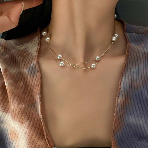 롱목걸이 - 홍언목요 담수진주 레이어드 롱 목걸이 쇄골걸이 여성용 진주목걸이 가벼운 사치 복고