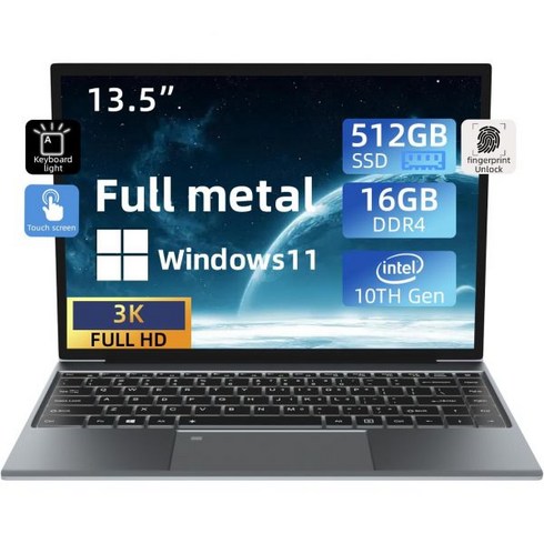 Exilapsire Windows 11 터치 스크린 노트북 13.5인치 인텔 Intel N5095 2.9 GHz 쿼드 코어 16GB RAM 512GB SSD 3K 3000*2000, 단일, 단일