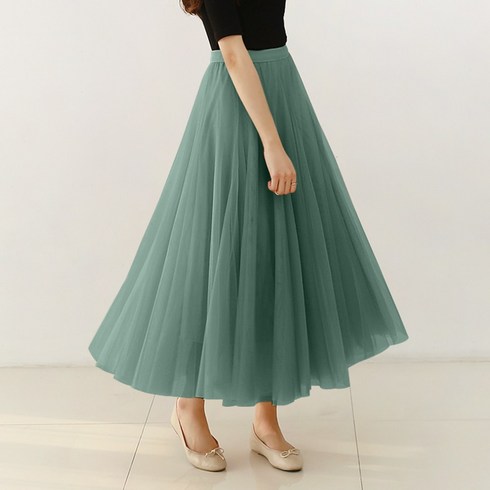 데일리앤 스텔라 밴딩 플레어 망사 시스루 셔링 롱 샤스커트(롱 버전)