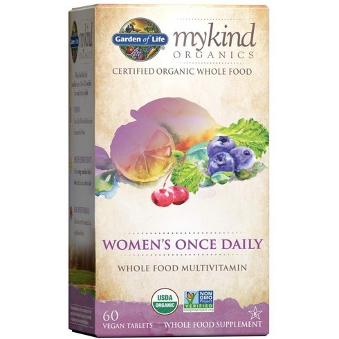 Garden of Life 여성용 종합 비타민 - mykind Organics Womens Once Daily Multi - 60정 홀푸드 멀티 철분 비오틴 함유 비건 유기농 비타민 f, 1개
