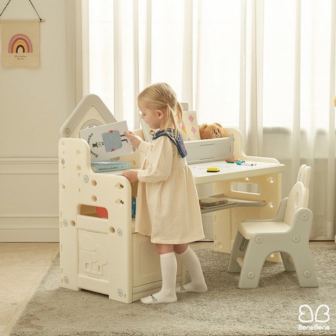 베네베네책상 - 베네베네 마이 래빗 유아 아기 높이 조절 보드 책상 블록 의자 세트 테이블, 화이트+그레이