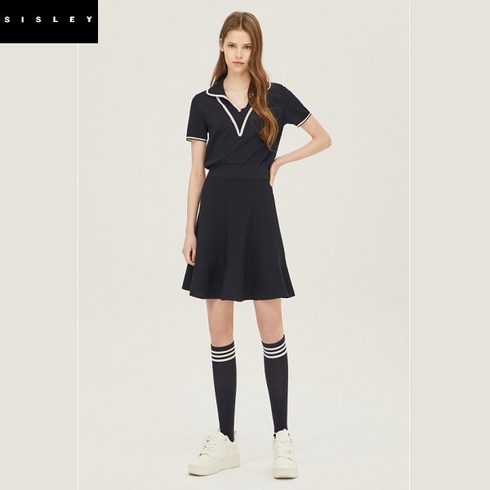 시슬리 SISLEY 브이 배색 라인 카라 원피스 SAKO50231 NY