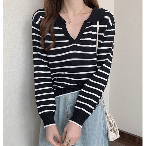 어반레이디 케이르 스트라이프 긴팔 오픈 카라 데일리 니트