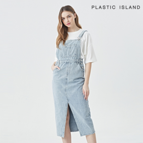 플라스틱아일랜드 - [정품매장] 플라스틱아일랜드 캐주얼 데일리 원피스 데님 포켓 멜빵 트임 일자 (PNTWO014)