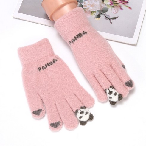 장갑 여 겨울터치 방한 보온 도톰 니트 장갑 털 기모 귀여운 캐릭터 자카드 벙어리장갑