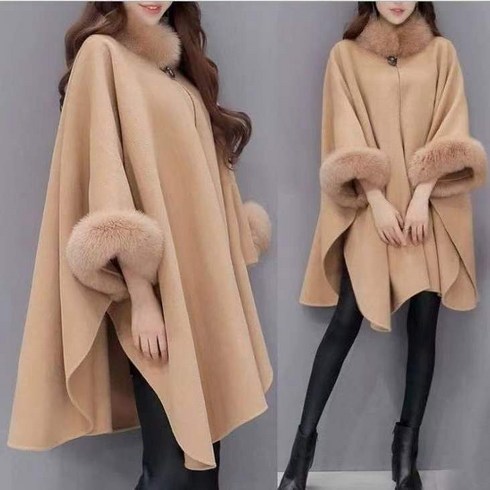 2023년 가성비 최고 망토코트 - YAPOGI S-5XL 빅사이즈 퍼 카라 하프 모직코트 망토 케이프코트 망또가디건 외투여성