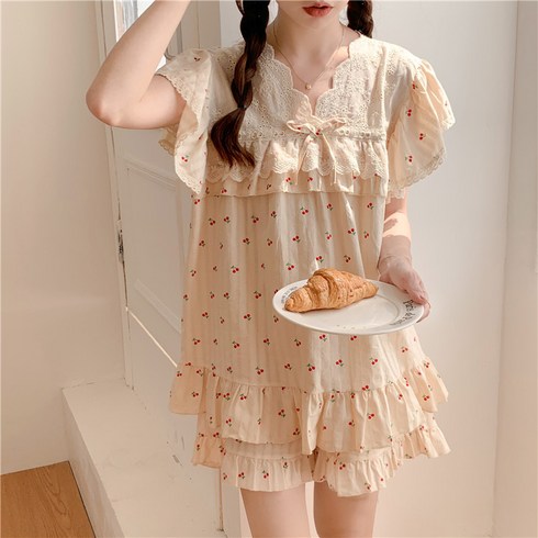 [러빙리] 리본체리 순면 여름 반팔 커플 잠옷 원피스 파자마 홈웨어 상하세트