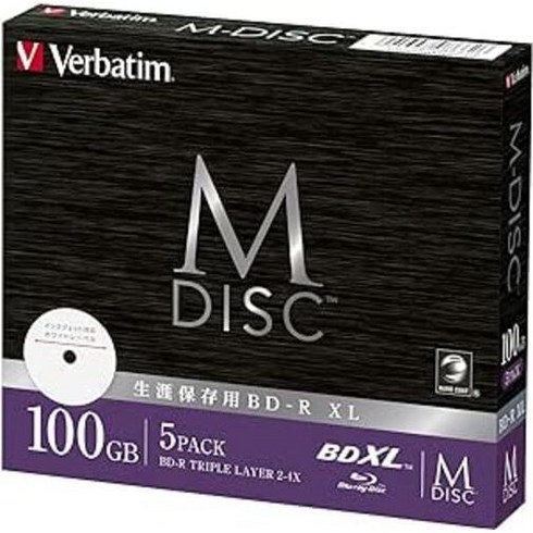 Verbatim 바베이텀 장기 보존 M-DISC BD-R XL 1회 기록용 2-4배속 100GB 5장 인쇄 지원 화이트 레벨 블루 레이 디스크 DBR100YMDP5V2