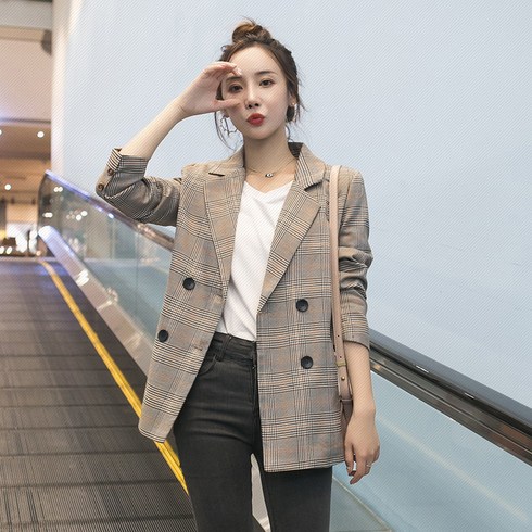 ANYOU 여성 봄 가을 모직 코트 캐주얼 체크 데일리 자켓