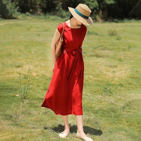 FEIJUN 여성 여름 반팔 패션 우아한 드레스 그린 프리미엄 빈티지 허리 조임 에스닉 롱원피스 Q14770