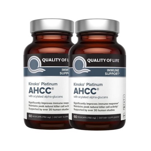 Quality of Life Kinoko Platinum AHCC 효능 표고버섯균사체 750mg (60 캡슐) 2병 + 휴대용 알약 케이스 포함, 60정, 2개