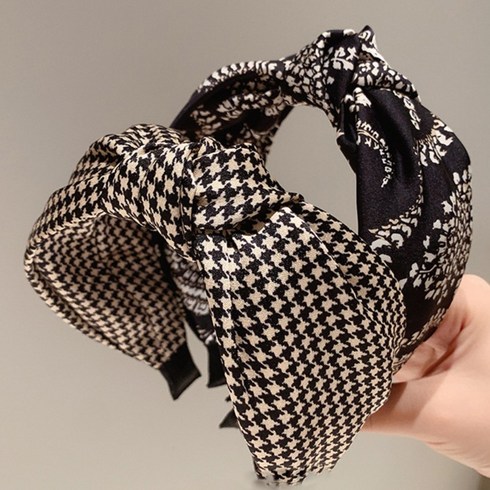 반다나머리띠 - 에쉬울프 [2개세트] 블랙 체크 와이드 반다나 꼬임 헤어밴드 머리띠