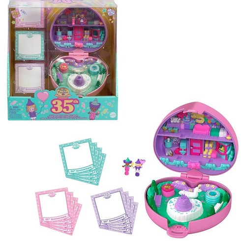 폴리포켓 - Polly Pocket 인형 및 놀이 세트 컬렉터 헤리티지 컴팩트 35번째 생일 파티 타임 스탬퍼 2개 스탬프 3개 고정 카드 12개 포함