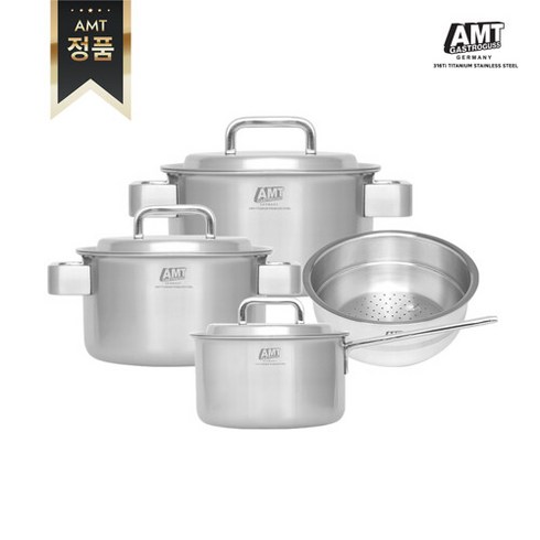 [정품] AMT 316Ti스텐 프로 냄비 4종 세트(편수16cm+양수20cm+양수24cm+찜기20cm), 단일속성