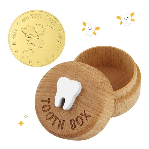 Free-space Tooth Fairy Box 3D Carved Wooden Souvenir Dropped Keepsake Storage Gift for Boy or Girl (, 이빨 요정 동전 포함