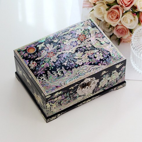 박씨상방 예쁜 채색컬러 매화 자개보석함 2단형(18cm) 악세사리 보관함 예단 자개함, 1개, 블랙
