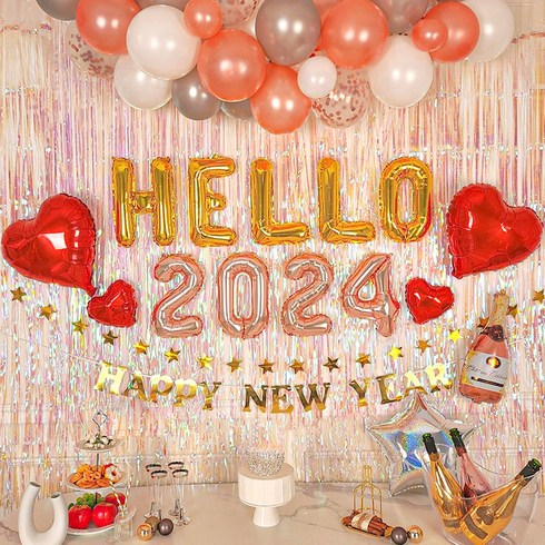 2023년 가성비 최고 연말홈파티 - 로나파티 HELLO 연말 홈 파티 16종 세트 풍선 용품, 1 HELLO 골드+숫자 로즈 SET