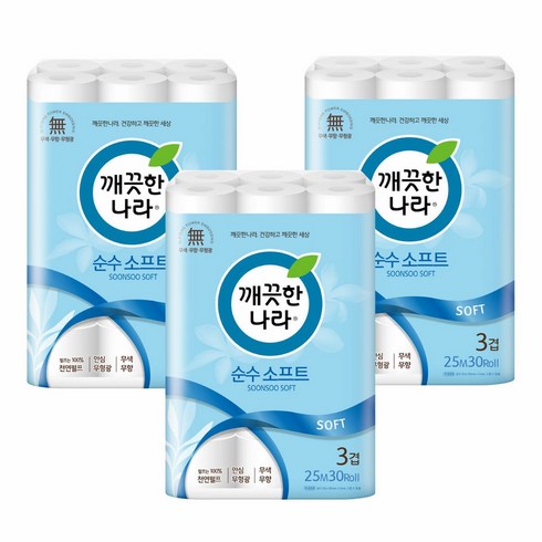 순수소프트 프리미엄 화장지 3팩 90롤 - 깨끗한나라 순수소프트 화장지 30롤x3팩(총 90롤) 천연펄프 (무료배송), 3개, 30개