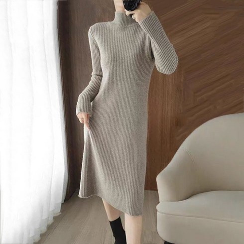 POMTOR 하프 반폴라 니트 원피스 여성 봄 가을 겨울 무릎 이너 니트 원피스