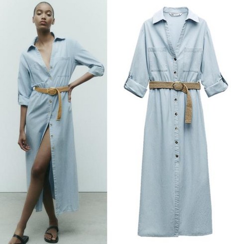 2023년 가성비 최고 자라 - ZARA 블루 벨트 셔츠 드레스 롱 원피스
