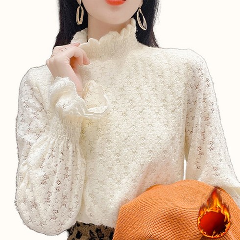 기모 레이스 반폴라 간팔 티셔츠 이너 블라우스 여성 상의 겨울 셔츠