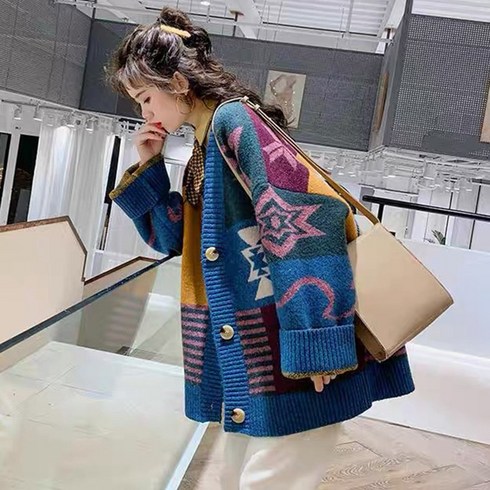 여성 여자 가을 겨울 캐시미어 니트 알파카 오버핏 루즈핏 부클 배색 라운드 카디건 가디건