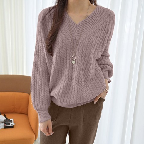 2023년 가성비 최고 겨울니트 - 데일리앤 케이블 여성 꽈배기 브이넥 루즈핏 니트