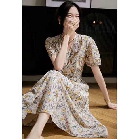 봄여름 실크 면 금잔화 프린트 원피스 기질 날씬해 보이는 티타임 스커트