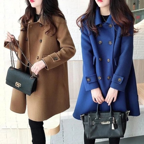 2023년 가성비 최고 카멜색코트 - 가을겨울 더블 정장 모직코트 여성용 오버핏 미디 점퍼