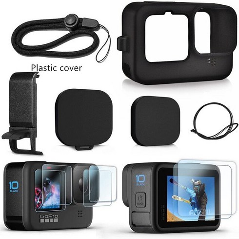 GoPro Hero11 10 Hero9 스포츠 카메라 액세서리 키트용 실리콘 보호 스크린 프로텍터 배터리 사이드 커버 렌즈 캡 끈, [01] Plastic Cover kit, [01] 범용, 플라스틱 커버 키트, 1개