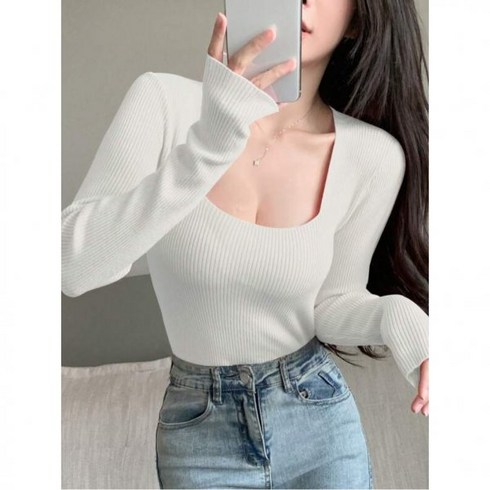 데일리 솔리드 스퀘어넥 립슬림핏 스웨터 니트 긴팔 여성 루즈핏 레이어드드