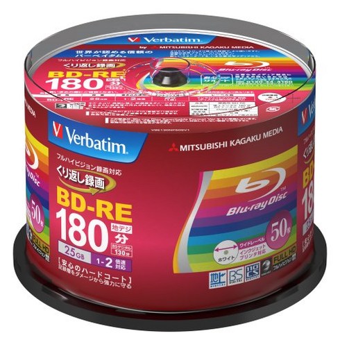 바베이텀 재팬(Verbatim Japan) 반복 녹화용 블루레이 디스크 BD-RE 25GB 50장 화이트 프린터 블루 단면 1층 1-2배속 VBE130NP50SV1
