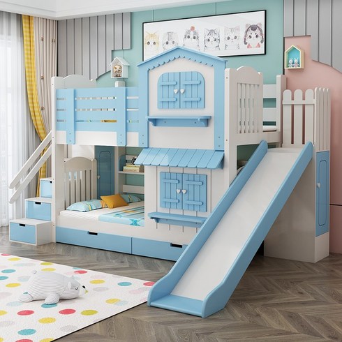 미끄럼틀침대 아이 2층 벙커형 침대 사다리 키즈 원목, 원목색 + 슬라이드 1500mmx2000mm