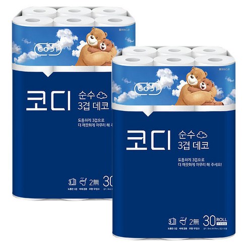 2023년 가성비 최고 휴지30롤 - 코디 순수 3겹 데코 화장지 30M, 30롤, 2팩