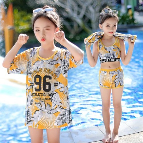 리퍼치스 RG-16 여아 옐로우 쓰리피스 수영복 SET 아동 레쉬가드 반팔 상의 하의 세트 여름 패션