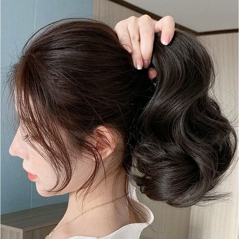 여자 숏레이어드 세팅펌 묶음머리 포니테일 부분가발 집게핀, 내츄럴블랙, 1개