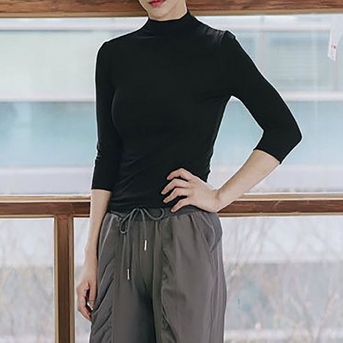 라인댄스 한국무용 연습복 상의 티셔츠 7부목티, 블랙