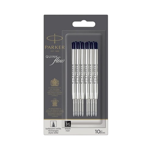 PARKER QUINKflow 볼펜 잉크 리필 미디엄 팁 블랙 10개 밸류 팩 파커, Black_Medium Nib