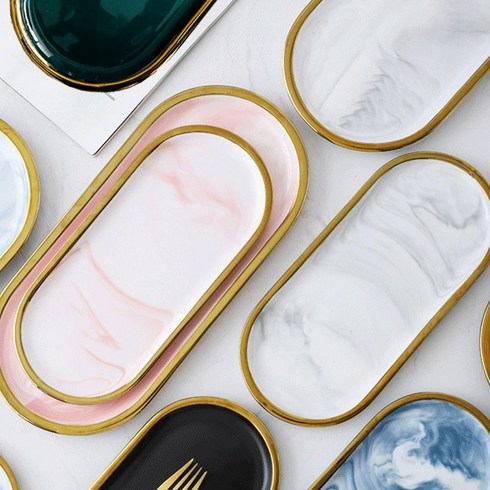골드 엣지 마블트레이 대리석 5컬러 2사이즈 타원 직사각형, 핑크직사각