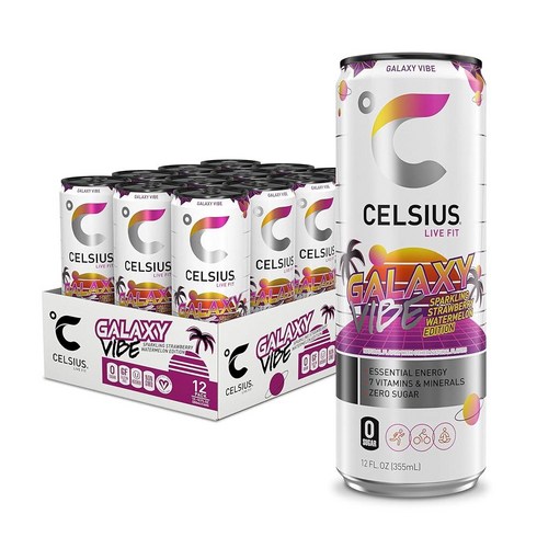 셀시어스 - 셀시우스 CELSIUS Sparkling Galaxy Vibe Functional Essential Energy Drink 12 Fl Oz (Pack of 12) 277308, 스파클링 판타지 바이브, 1개, 355ml, 1개