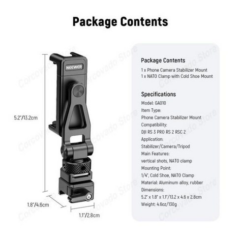 neewer - NEEWER GA010 휴대폰 삼각대 마운트 DJI RS 2 RSC 3 프로 스마트폰 거치대 W 콜드 슈 어댑터 360 도 클램프 멀티 앵글, Phone Tripod Mount, 1) Phone Tripod Mount