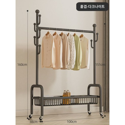 플로어 행거 가정용 침실 행거 행거 이동식 수납 행거 베란다 행거 행거 간이 건조대11601, 100cm 블랙 홑겹 그물망 바구니 1 메탈 후크 +