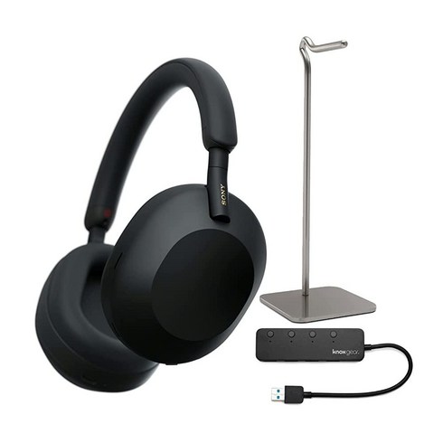 Sony 소니 WH-1000XM5 무선 노이즈 캔슬링 오버이어 헤드폰(블랙) 번들 4포트USB 3.0 허브 및 알로이 헤드폰 스탠드 (3개), Black, Black