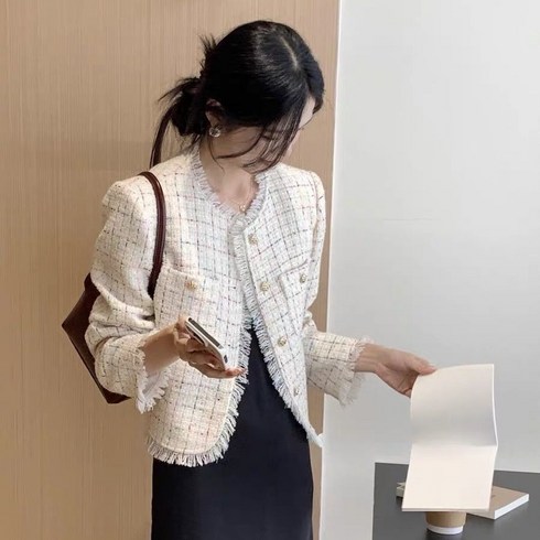 모몰라티 여성용 노카라 크롭 레이스 싱글 숏 긴팔 트위드 자켓+양말