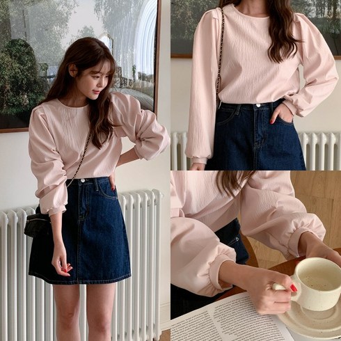 퍼니걸스 6224 라운드 무지 소매 퍼프 긴팔 블라우스 여성의류