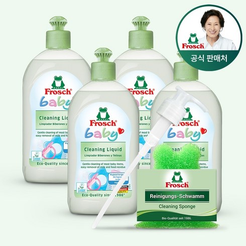 [김혜자 세제] 프로쉬 독일 베이비 젖병세제 500ml 4개 +펌프+수세미, 프로쉬 주방젖병세정제 4개