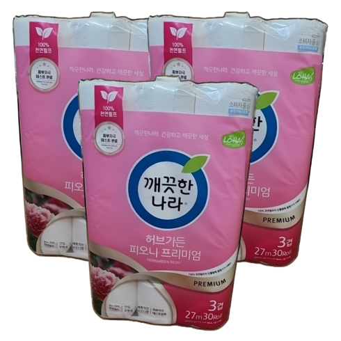  허브가든 피오니 프리미엄 화장지 30롤 x 2팩 - 깨끗한나라 (특가) New 피오니 프리미엄 화장지 27미터 30롤 X 3팩 [총 90롤] 벚꽃, 30개, 3개