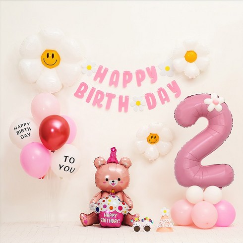 생일풍선세트 - [피앤비유니티] 데이지곰돌이 가랜드형 생일풍선세트, 04-2)데이지곰돌이 가랜드형-핑크 숫자2, 1세트