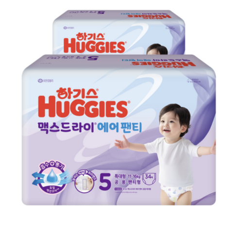 맥스드라이에어5단계 - 하기스 2024년 맥스드라이에어 팬티형 기저귀 남여공용 11~16kg, 5단계, 34매