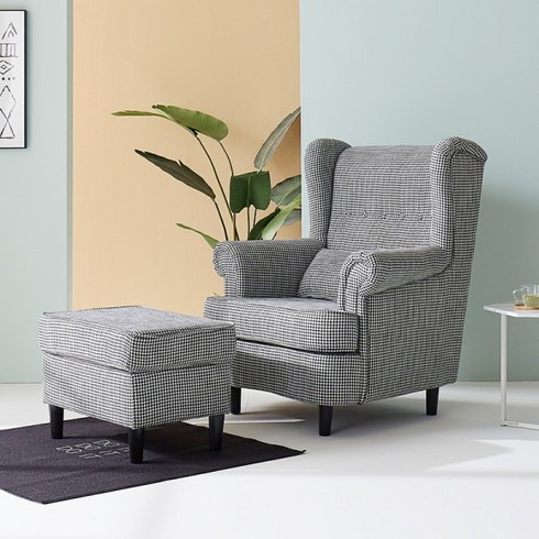 [블리스데코] 허그 패브릭 윙체어 +스툴 세트 GNF010, 색상:블랙체크